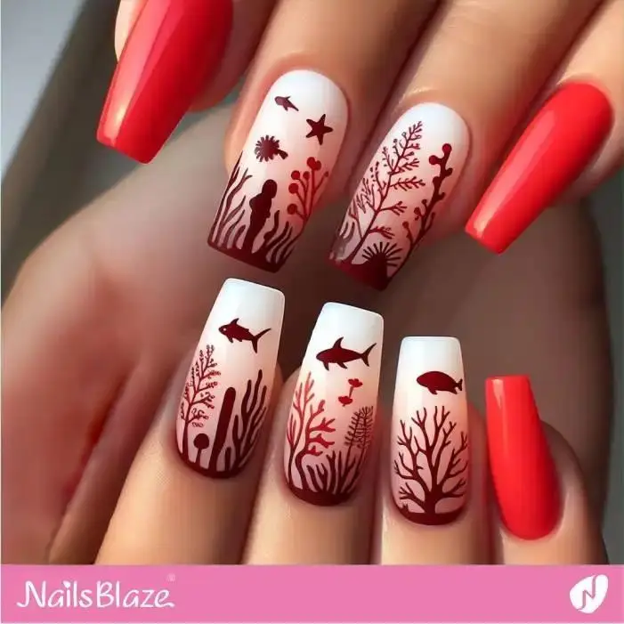 Red Silhouette Marine Life on Nails | Save the Ocean Nails - NB2773